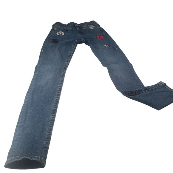 True Religion TR Patches Denim Jeans Mid Rise Zip Super Skinny Y2K Stretch - Picture 1 of 15